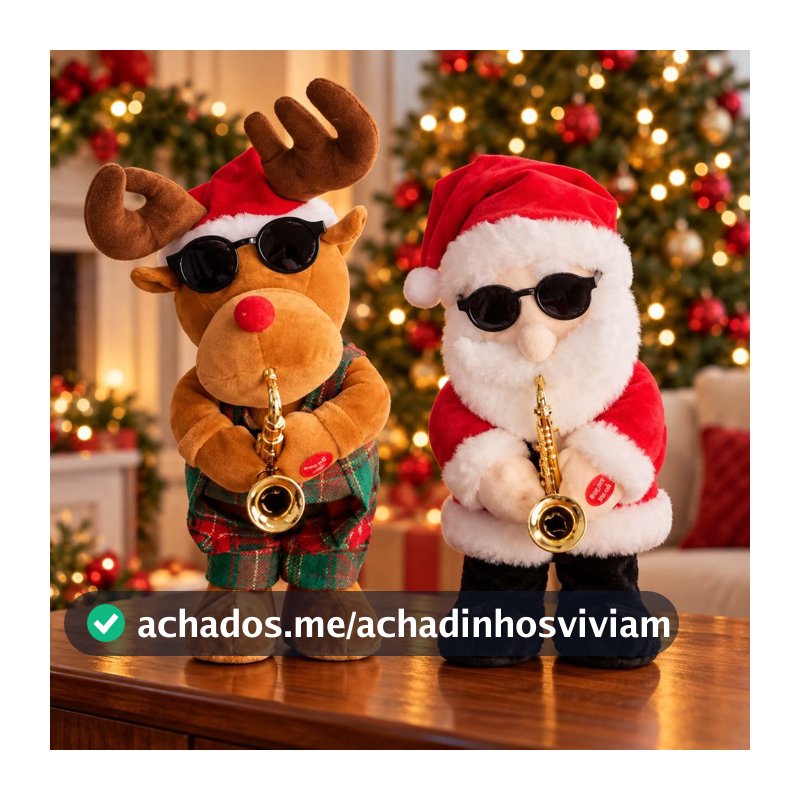 Papai Noel  Rena Saxofone Óculos Escuros Boneco de Pelúcia Dança e Canta Decoração Enfeite Natal