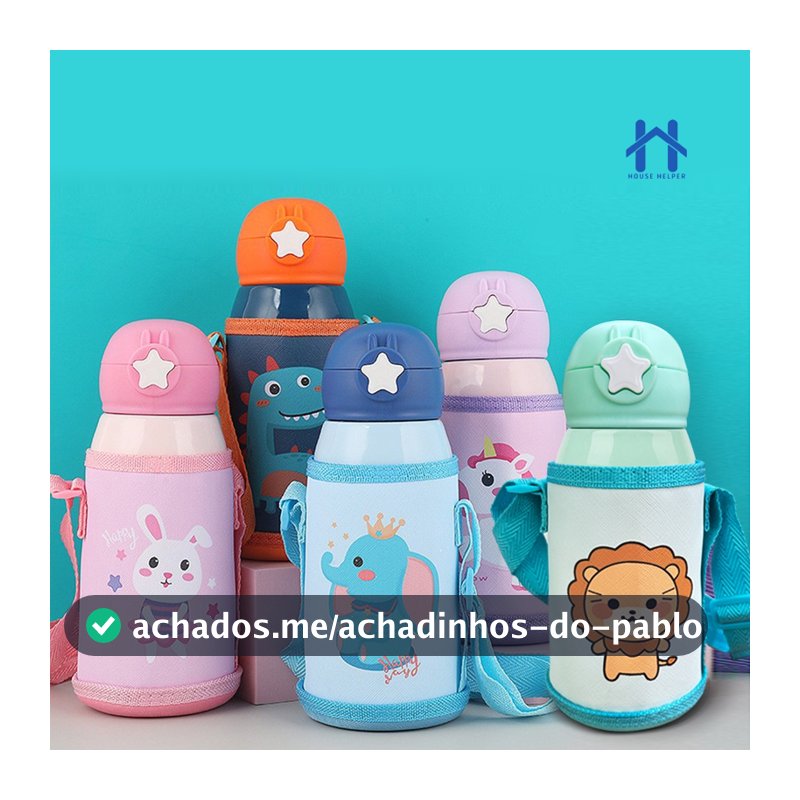 Garrafa Térmica Infantil de 500 ml Aço Inox 304 Com Alça Bolsa De Armazenamento, Canudo e Caneca