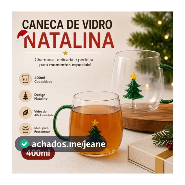🎄 Caneca de Vidro Natalina 400ml Árvore de Natal Xícara para Café Chá Presente Decorativa
