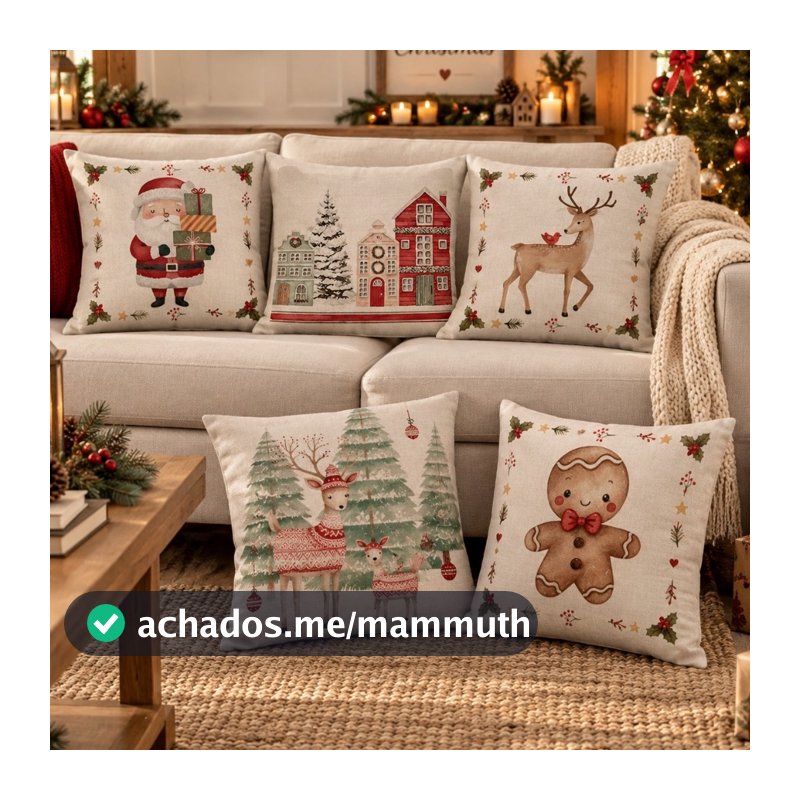 Capa de Almofada Natalina Decoração de Natal Festa Enfeite Papai Noel Renas Boneco de neve 43x43cm