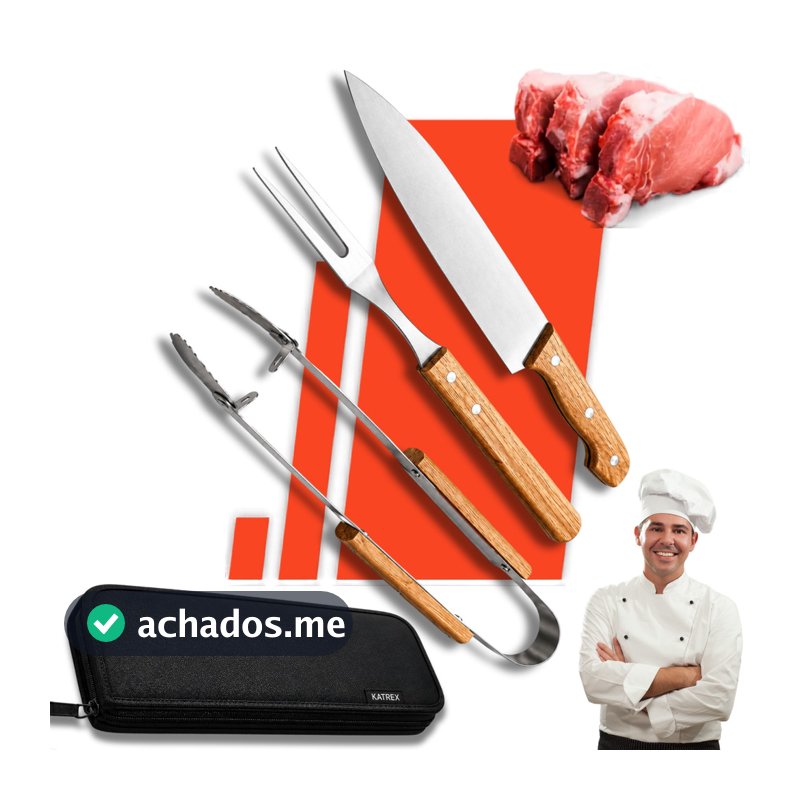 Kit Churrasco Profissional 3 Peças Inox Faca Garfo Pegador Estojo Maleta Bolsa Churrasqueiro Conjunto Utensílios Aço