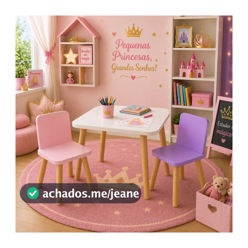 Mesa Infantil Menina  50cm de Altura Educativa 60x60 com Cadeira Espaço Encantado Aprender e Brincar