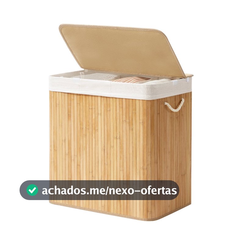 SONGMICS Cesto de Roupa com 3 Compartimentos, 150L Organizador de Roupa com Tampa, Caixa de Bambu com Alças, Dobrável