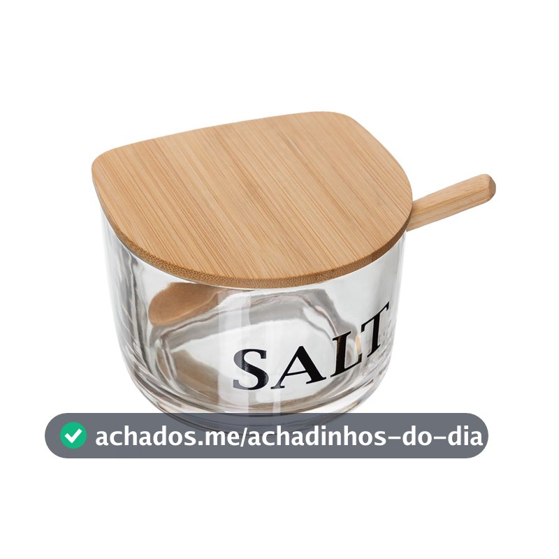 Saleiro de vidro com tampa e colher de bambu Compacto 10x10x7 cm Porta Sal Porta Condimento