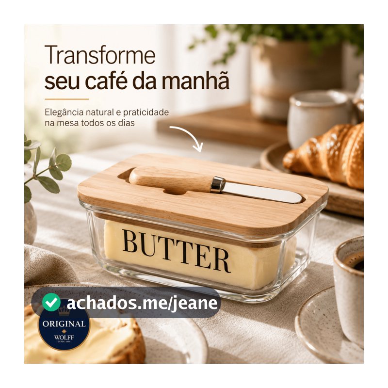 Manteigueira de Vidro com Espátula e Tampa de Bambu Wolff 15cm x 11cm