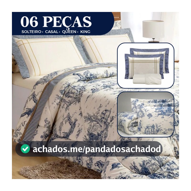 Edredom Solteiro/Casal/Queen/King Macio 06 Peças Dupla Face + Jogo de Lençol Premium Estampa Porcelana