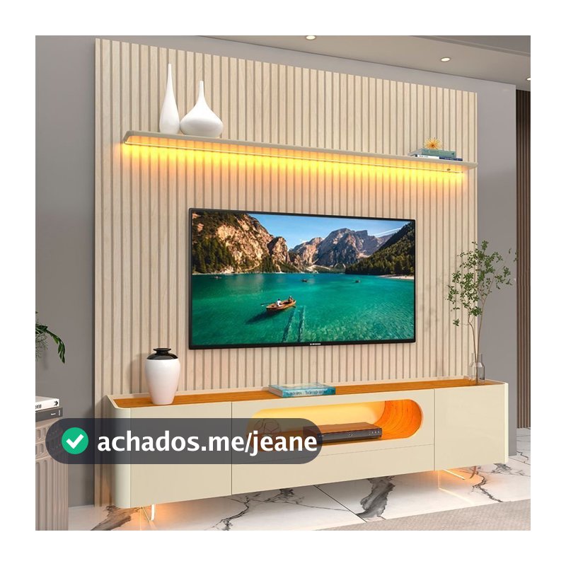 Rack com Painel Ripado para TV até 90 Polegadas 100% MDF com LED 224CMX310,5cm 1 Gaveta 2 Portas Vidro Requinte Nobre