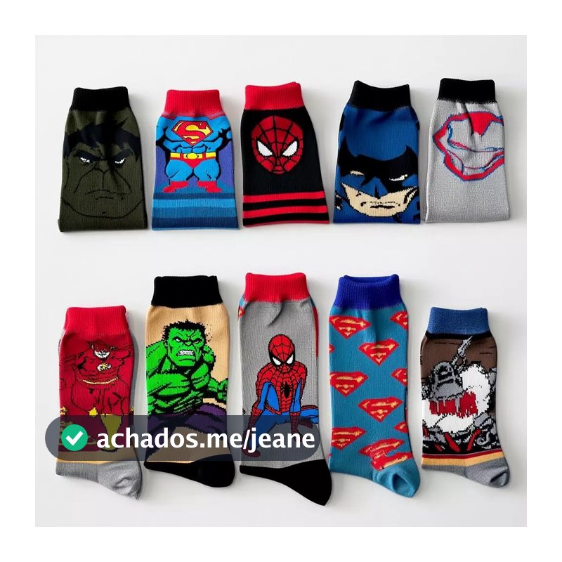Kit com 12/6/9/3 Pares de Meia Infantil Personagens de Heróis Homem Aranha, Hulk, Batman