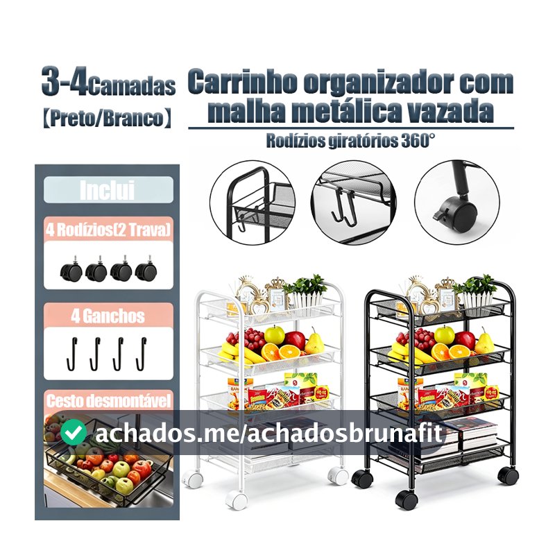 Carrinho Inox 3/4 Andares Organizador Multiuso Aramado com Rodinhas para Cozinha, Banheiro e Cosméticos