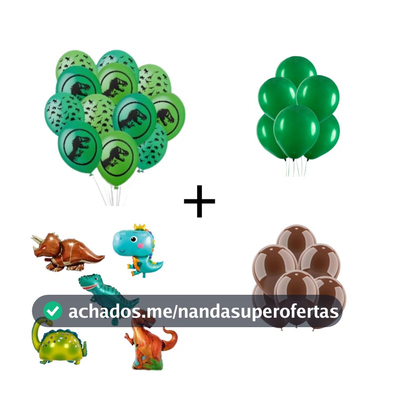 25 Balões Dinossauro + 10 Balão Marrom + 10 Balão Verde + 5 Balões Metalizados Envio Rápido Festa