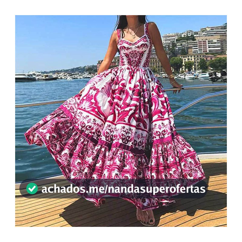 Nova moda feminina elegante saia de estilingue com gola quadrada sem mangas, vestido estampado com cintura alta (25058)