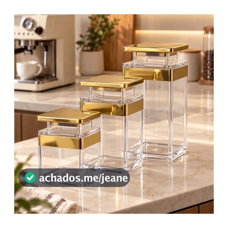 Pote Hermético Acrílico Premium com Tampa Dourada Organizador para Cozinha P M G
