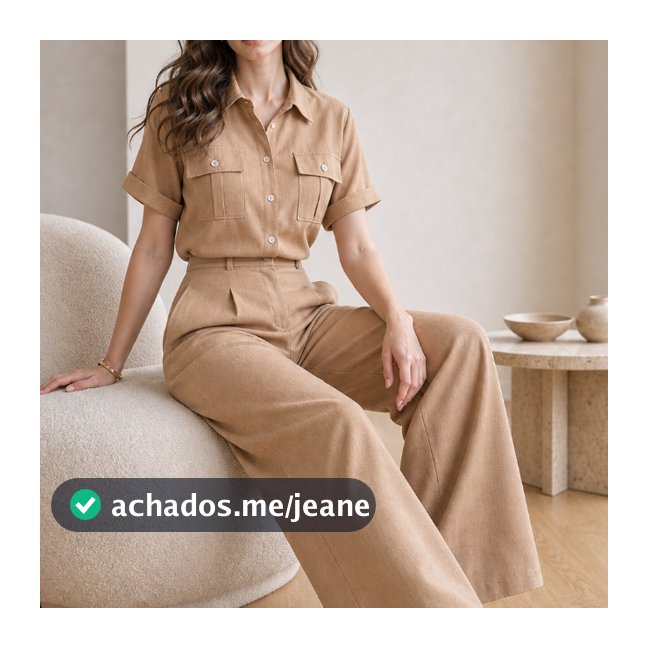Conjunto 8033 camisa manga curta e calca pantalona linho com bolso frontal e lateral barra redonda