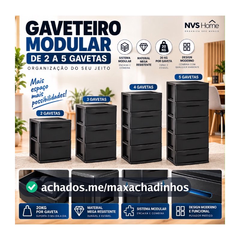 Gaveteiro Modular 2 3 4 5 Gavetas Preto Design Moderno
