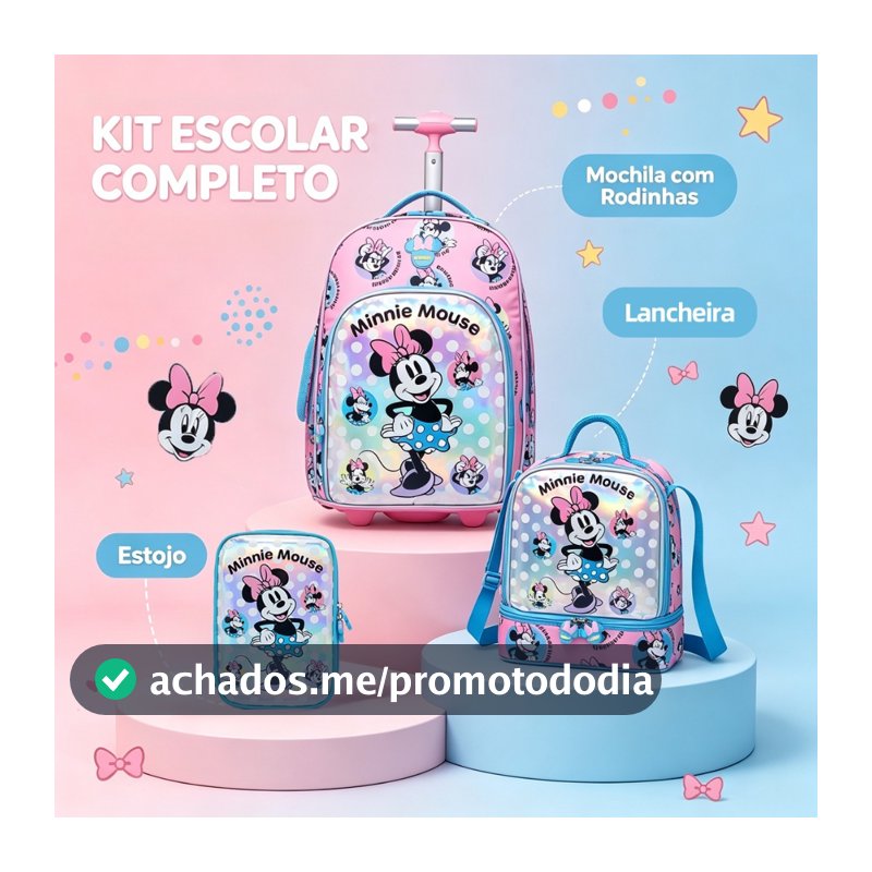 Kit Mochila Rodinhas Minnie Escolar Infantil Feminina Disney