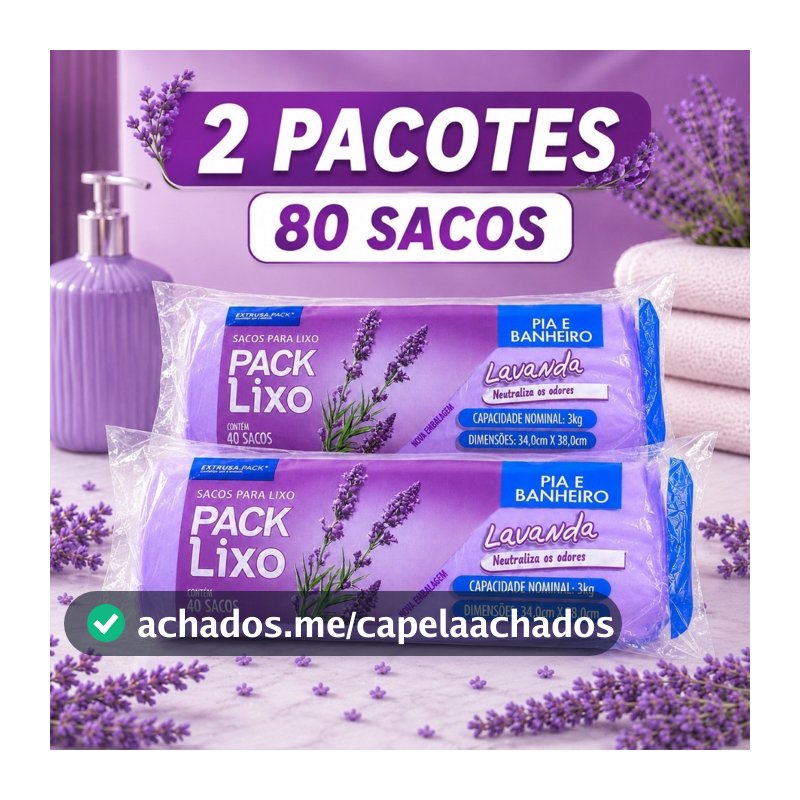 Kit 2 Packs Saco de Lixo Lavanda Pia e Banheiro 80 Sacos 34x38cm Neutraliza Odores Material Resistente