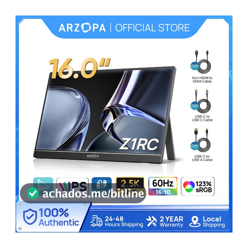 ARZOPA Z1RC , Monitor Portátil 2.5K De 16 " De Suporte 2560x1600 HDR Laptop HDMI QHD USB-C De 500 Litros E 8 Bits , Tela