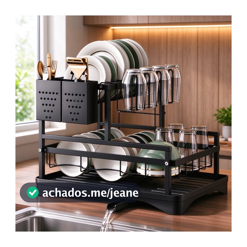 Escorredor de Louças 2 Andares Aço Carbono Preto, Rack Organizador com Bandeja Coletora para Bancada