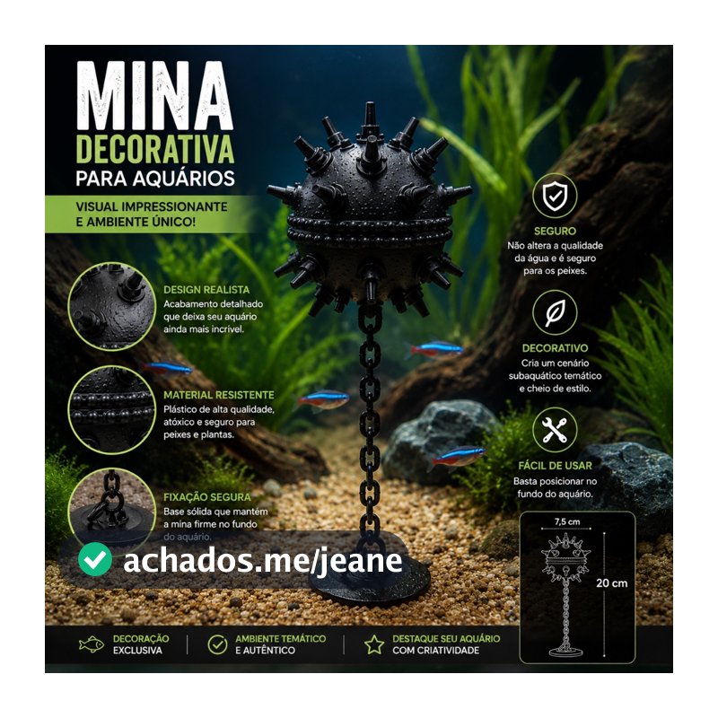Decoração para Aquário Mina Naval Preta com Corrente e Base Enfeite Ornamento Decorativo para Aquarismo