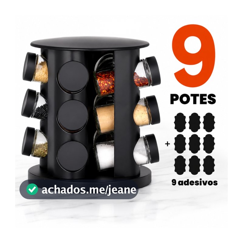Porta Tempero Condimento Girátorio 9 Potes Cozinha Preto 360 Graus Organizador Dosador Profissional