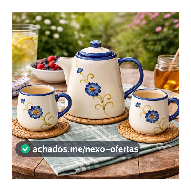 Jogo de Chá Cerâmica Floral Azul e Branco com Bule e Xícaras | Conjunto para Café e Chá | Kit Elegante para Mesa Posta