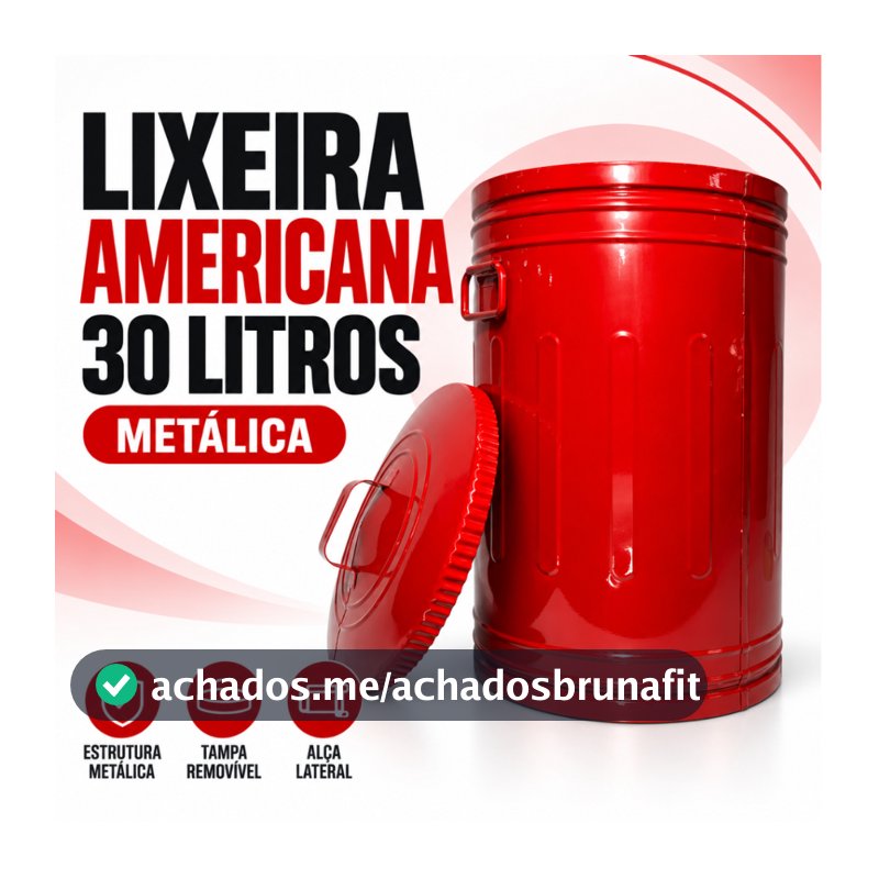 Lixeira Estilo Americana 30 Litros Aço Galvanizado Com Tampa e Alças 52 Cm De Altura