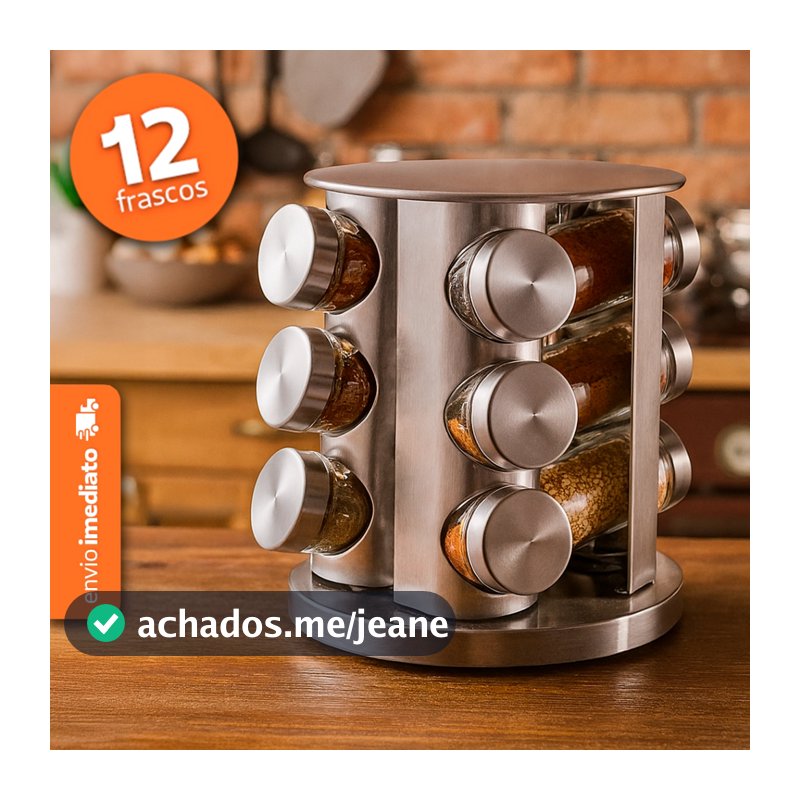 Porta Condimento Giratório - Base Inox - 12 Frascos - Cozinha Gourmet - Potes de Vidro e Base Inox