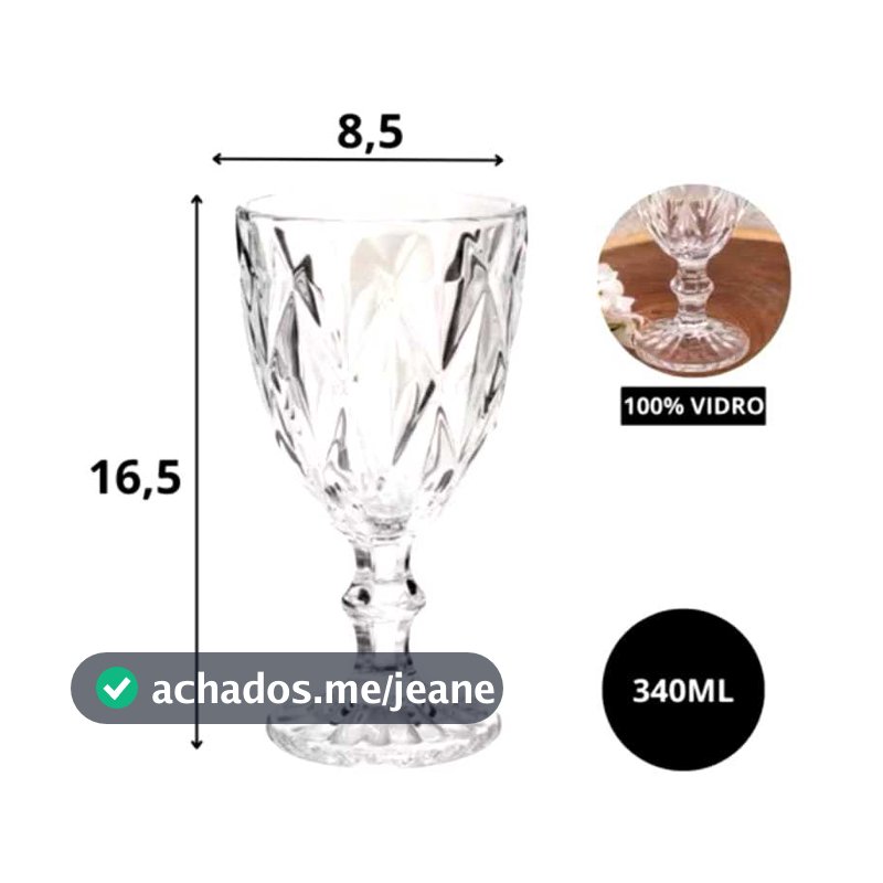 Jogo 6 Taças de Vidro Diamond Transparente Luxo 340ml