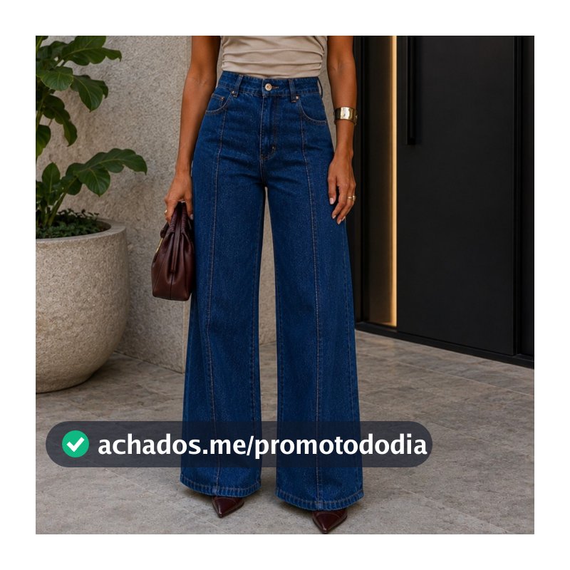 Calça Wide Leg Feminina Jeans 100% Algodão Azul Escuro Cós Alto Modeladora Estilo Gringa Moderna Casual Chic Premium