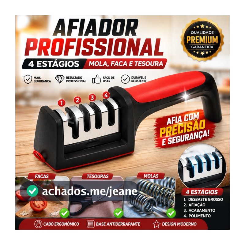 Amolador de Faca 4 Estágios Afiador de Facas e Tesouras Multifuncional Profissional Manual para Cozinha Churrasco