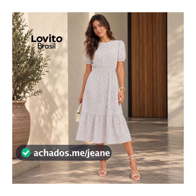 Lovito Vestido Midi de Póas com Manga Curta Bufante DRB601BRL631