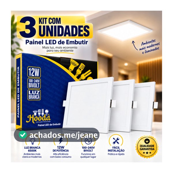 Kit 3 Painel Plafon LED 12W Embutir Quadrado Luminária Teto Branco Frio 6500K Hooda