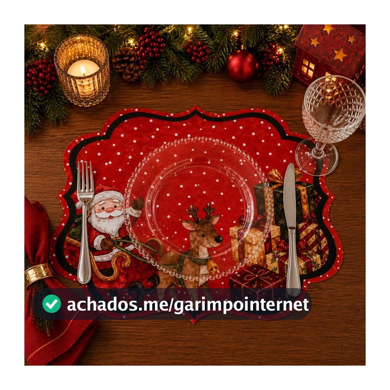 Jogo Americano Natalino Papai Noel com Rena | Mesa Posta de Natal Elegante | Impermeável | Kit 2, 4 ou 6 Unidades