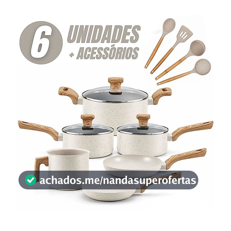 Jogo de Panelas 6 Peças Antiaderentes com Tampa de Vidro Temperada com 4 Utensílios de Cozinha