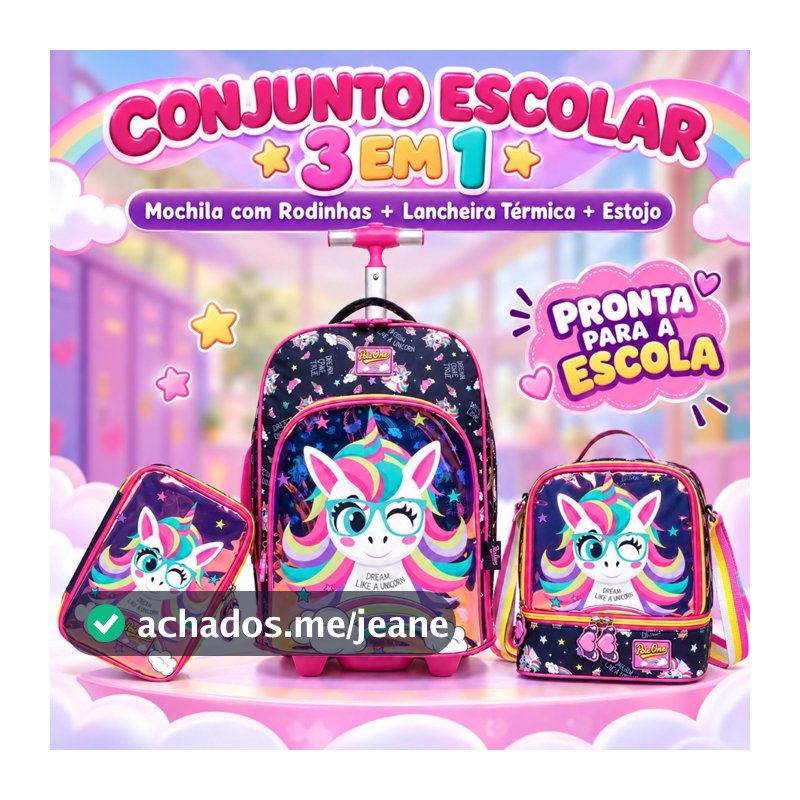 Kit Mochila Rodinha Unicórnio Lancheira Estojo Menina Escolar Espaçosa