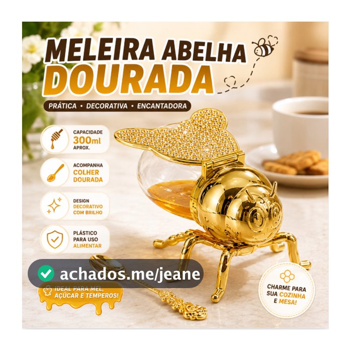 Meleira Pote de Mel Abelha Dourada com Colher Açucareiro Decorativo 300ml Cozinha