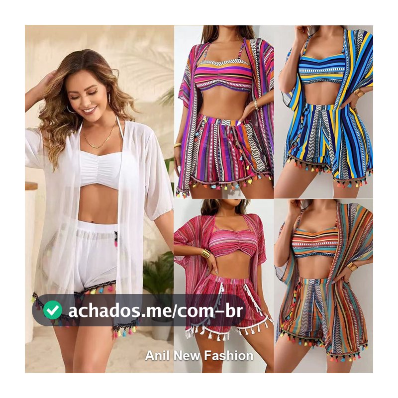 [Anil] Biquíni Feminino Estampado Maiô Conjunto De Quatro Peças Com Shorts De Cobertura , Roupa De Banho Sexy Borla Prot