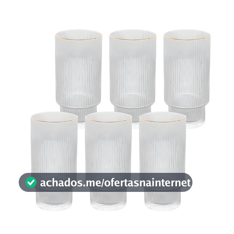 Jogo 6 Copos De Vidro Canelado Grafiatto Alto Borda Dourada Agua Suco 310mL