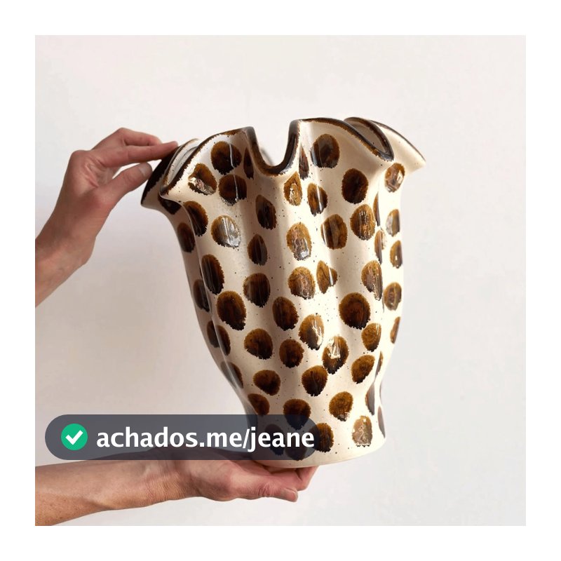 Vaso Cerâmica Decorativo Cachepot Orgânico Babados Ondulado Animal Print Onça Savana Cachepô Ondas Mesa Sala 24x27cm