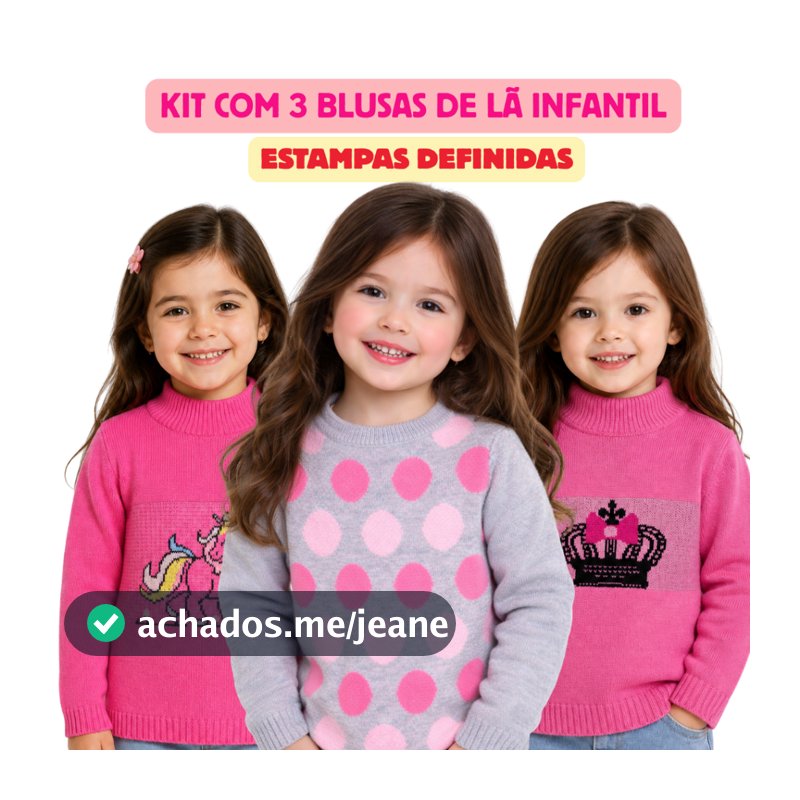 Kit com 3 Blusas de Lã Tricot Premium Infantil Para Menina (1 a 6 Anos)