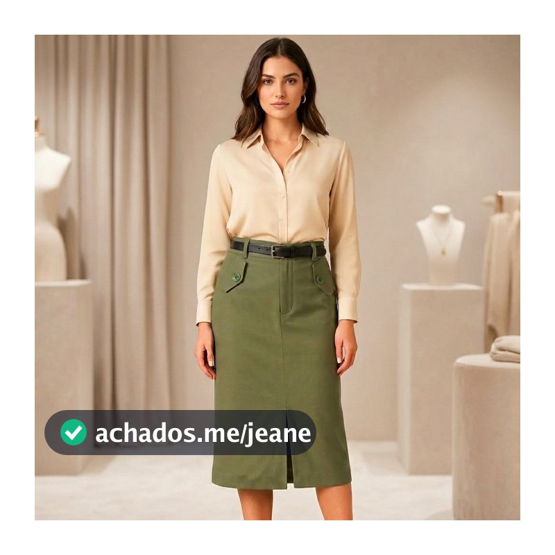 Saia Midi Alfaiataria Feminina Social Com Bolso E Cinto Evangélica