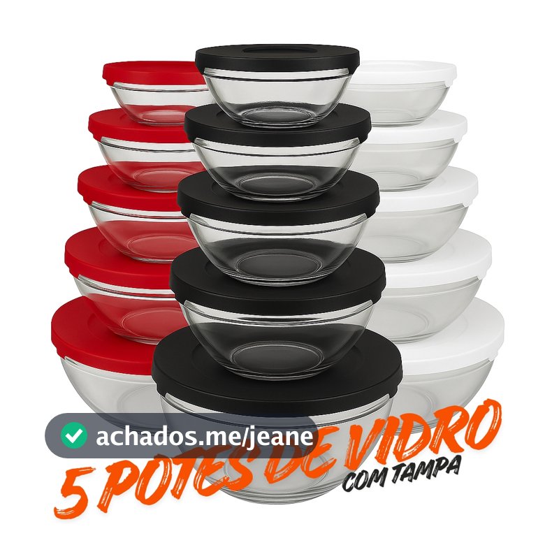 Conjunto com 5 Potes de Vidro com Tampa –135 ml, 200 ml, 400 ml, 550 ml, 1000 ml