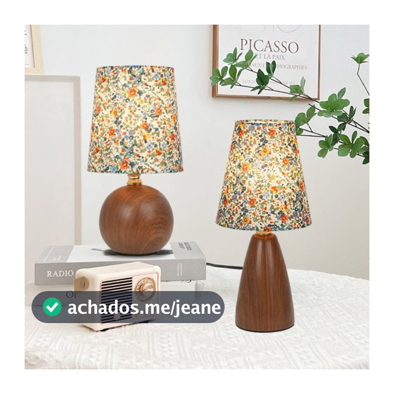 Abajur Luminária De Mesa Nogueira Floral Estilo Madeira Cabeceira Quarto Sala Estudo Leitura