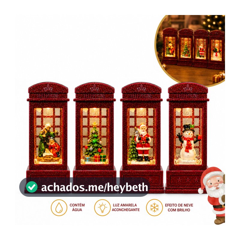 Enfeite Natalino Cabine Telefônica com Água Luz LED Efeito Neve Glitter Decoração de Natal