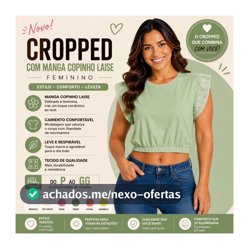 Cropped Algodão Feminino Manga Laise Bordado T-Shirt Blusa Curta Casual Conforto Elegância 25641-C2