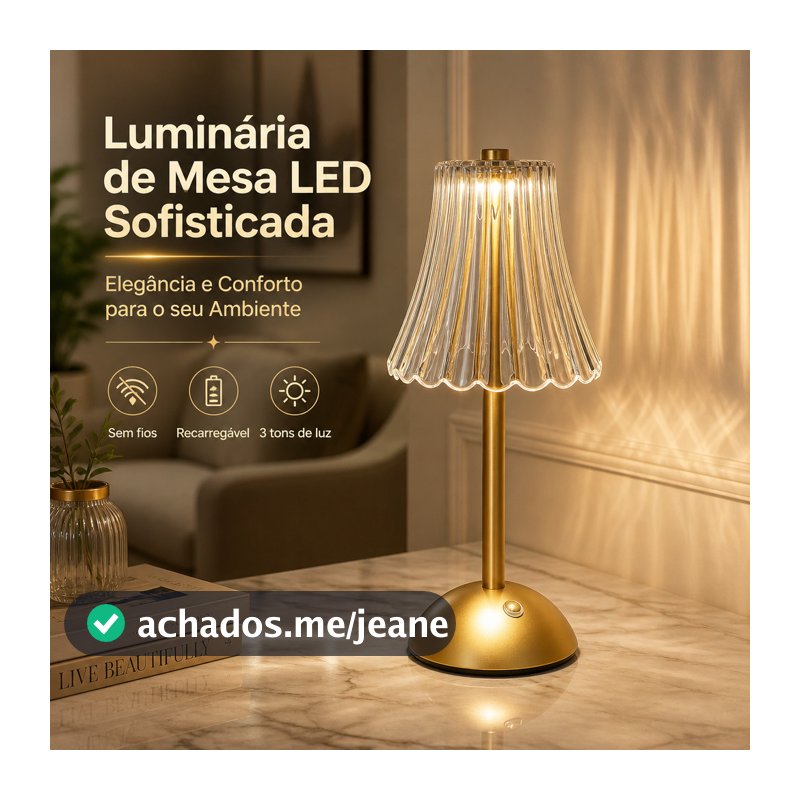 Luminária De Mesa Abajur Led 3 Cores Usb Dourado Acrílico