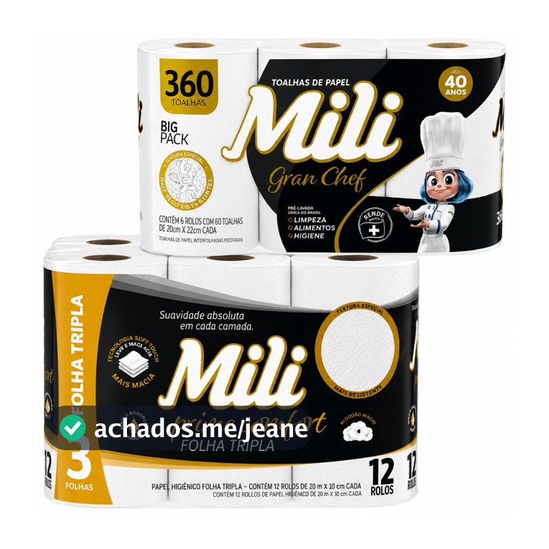 Kit Papel Higiênico Mili Prime Comfort Folha Tripla C/12 + Papel Toalhas Gran Chef Big Pack C/360 Toalhas