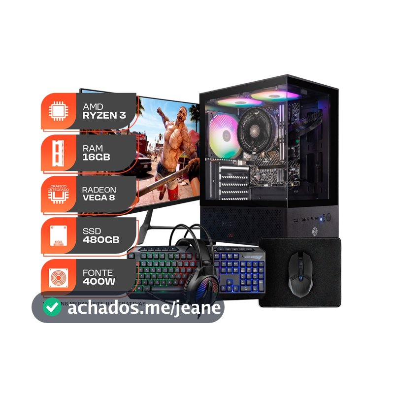 PC Gamer Forge, AMD RYZEN 3 3200G, 16GB DDR4, SSD 480GB, Completo com Monitor 21 e Periféricos