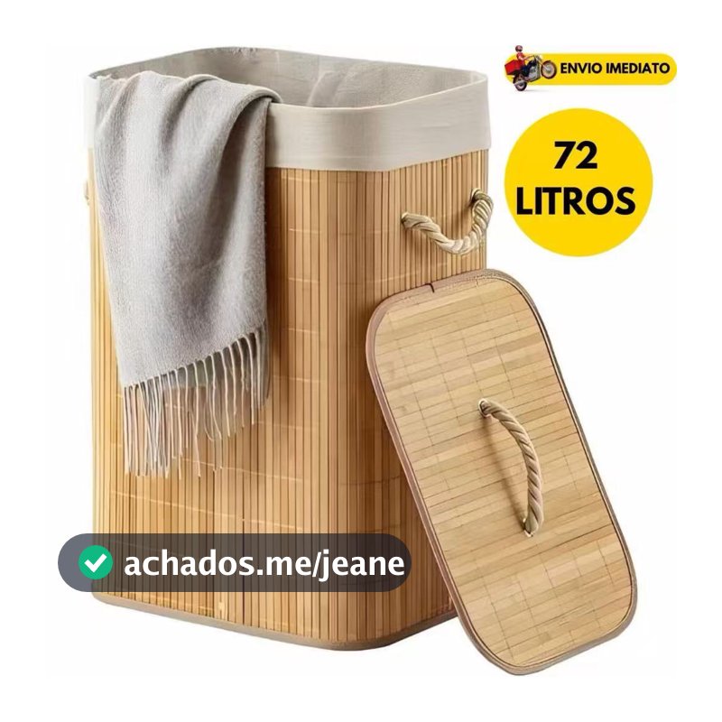 Cesto de roupa suja de bambu de 72 litros com tampa e alça para uso na sala de estar e no banheiro.