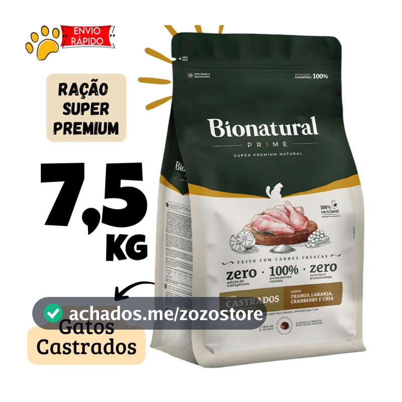 Ração Bionatural Gato Castrado 7,5kg  Super Premium Sabor Frango